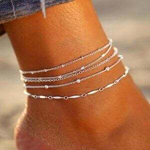 5 Pairs Anklets-Silver Bracelets for Women Trendy Dainty Waterproof